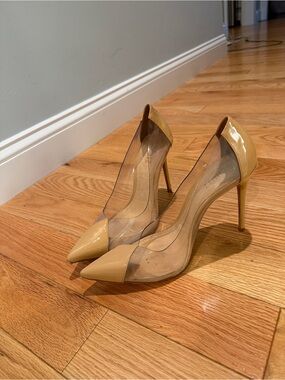 Schultz Nude Patent Pointed Toe Clear Panel Stiletto Heels